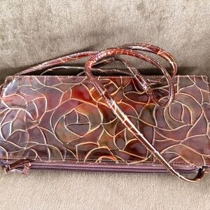 Viva California Floral Carved Gold GoDetail Brown Tones Zip Clutch Handbag Purse